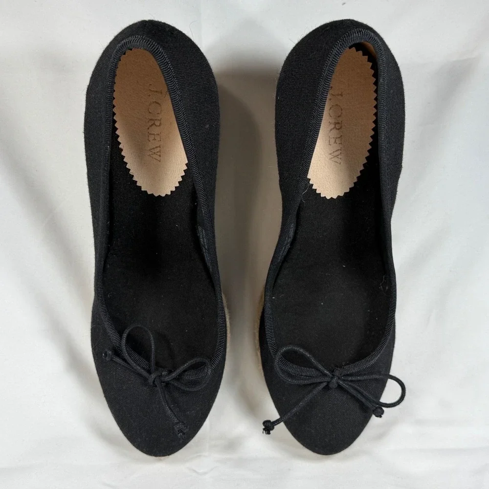 J. Crew Seville Black Canvas Espadrille Wedge Pumps Bow Detail Made in Spain